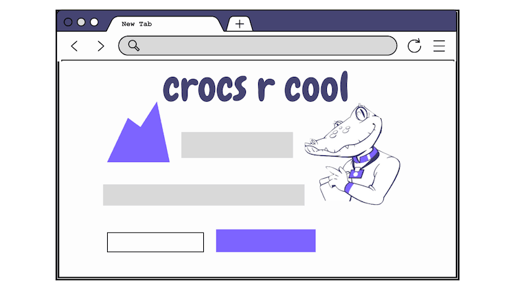 An illustration of a web browser shows a 'crocs r cool' page that displays page features that would be covered by frontend performance testing.